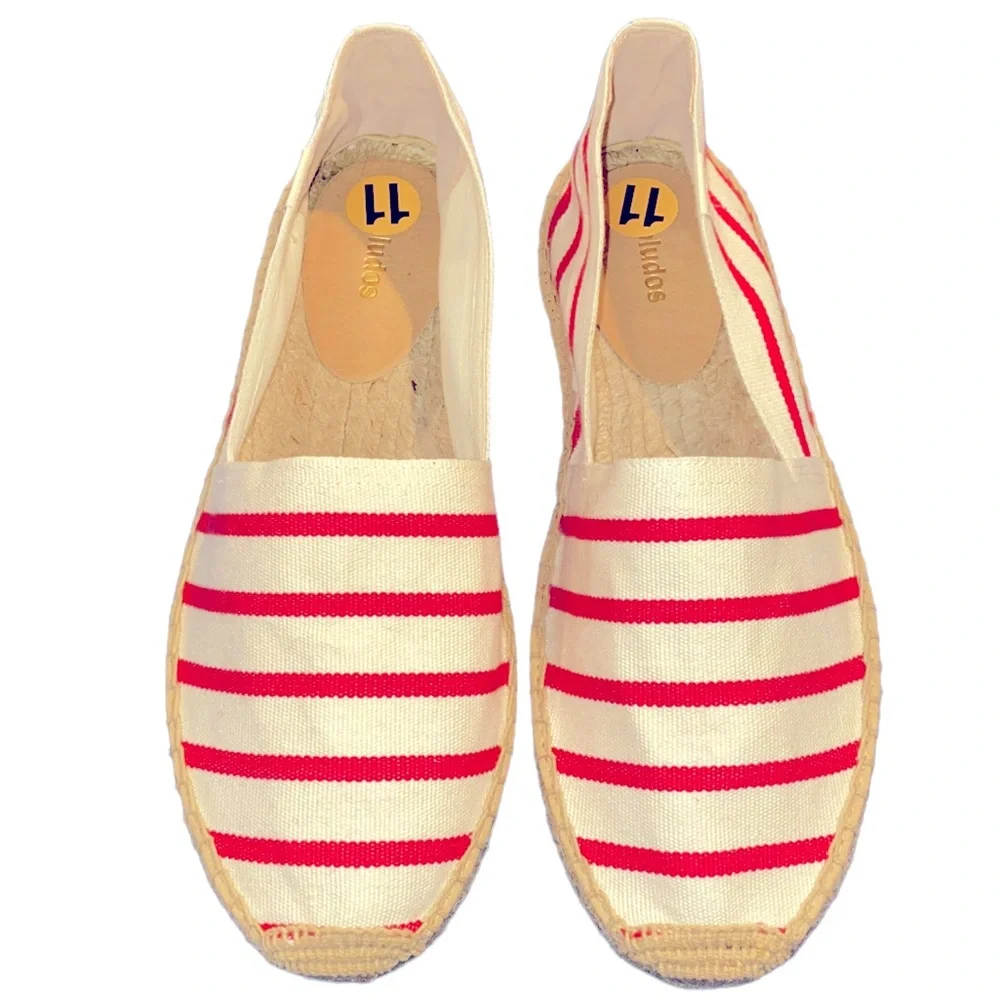 Soludos Dali Red Cream Linen Stripe Espadrilles Flats Summer NEW Womens 11